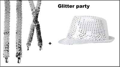 1x Bretel pailletten zilver + 1x Festival hoed glitter paillet zilver - Glitter and glamour party festival themafeest gala thema feest evenement