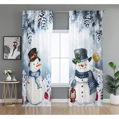 2 STUKS Kerst Sneeuwman Gordijnen Winter Dennenprint Slaapkamer Woonkamer Decoratie Vakantie Feestelijke Sfeer Raampanelen 50W50H(CM)X2PCS&Rod Pocket