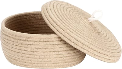 ronde katoenen opbergmand met deksel Sea Team multifunctionele organisator voor snacks, handdoeken, enz. Perfect voor in uw huis, 25,4 x 11,4 cm.
