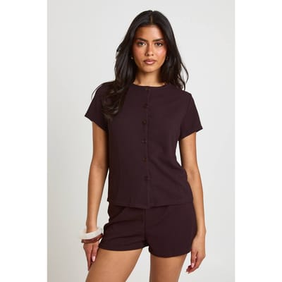 boohoo Dames Geribbelde Korte Mouw Doorknoop Top En Short Set | Chocoladebruin | Maat: 42