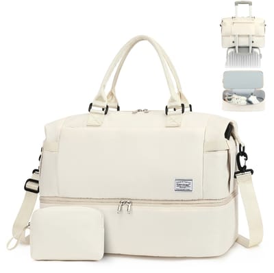TAN.TOMI Reistas - Sporttas voor dames en heren - 47×22×36 cm -Met Smart -Sleeve voor op een Koffer - Handbagage Tas - Met Schoenenvak en Afneembare Schouderband - offwhite