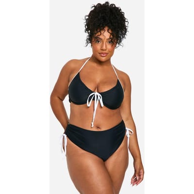 boohoo Dames Plus Contrast Tie Front Bikini Top | Black | Maat: 26