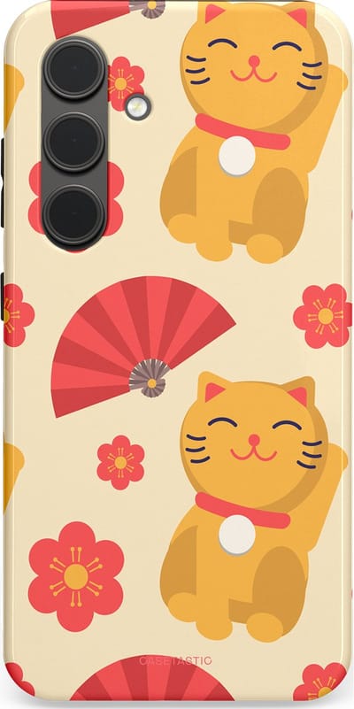 Casetastic hoesje geschikt voor Samsung Galaxy S24 - Dubbellaagse bescherming - Japanse Poezenvreugde - Lucky Cats - Fashion Case - Crème Koraal Goud