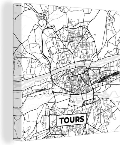 Canvas Schilderij Frankrijk - Tours - Plattegrond - Stadskaart - Kaart - Zwart wit - 20x20 cm - Wanddecoratie
