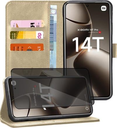 Hoesje geschikt voor Xiaomi Redmi 14T / 14T Pro - Privacy Screenprotector Volledig Dekkend Glas - Portemonnee Book Case Goud