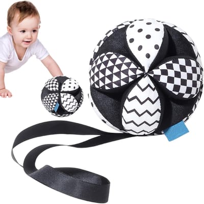 Zintuiglijke Bal - Ontwikkelingsspeelgoed - Baby Peuter Stimulatie - Texturen en Rammel - 13 cm Diameter - Zwart Wit