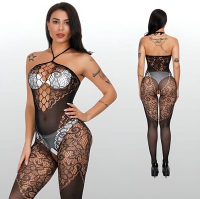 LekkerStout Halter Bodysuit met Open Kruis - Zwart - Visnet Lingerie - Maat S-L | LS411