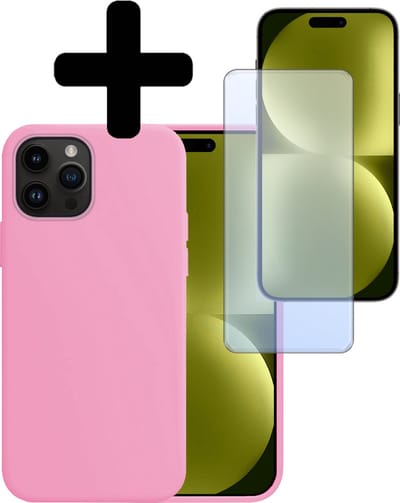 Hoesje - Met Screenprotector - Geschikt voor Apple iPhone 15 Pro - Sterk & Shockproof - Back Cover - Siliconen Case - Telefoon Hoes - Telefoonhoesjes - Lichtroze