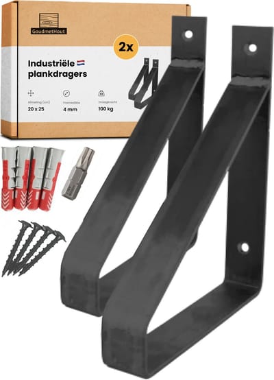 GoudmetHout® Industriële Plankdragers - 20 cm - Stalen Plankdrager voor Wandschap, Muurrek of Wandconsole - Max 100 kg - 2 Stuks - Mat Blank