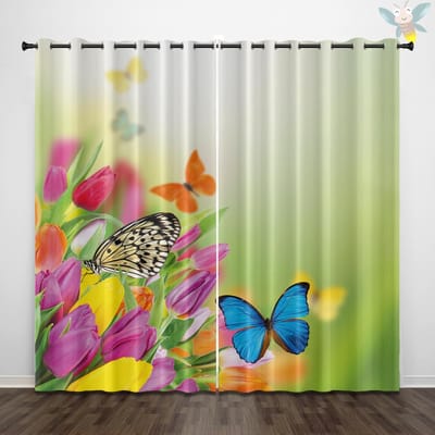 2 stuks gordijnen met vlinderbloempatroonprint voor decoratie van natuurlijk landschap, slaapkamer, woonkamer 140x160cm&Grommet Top beige
