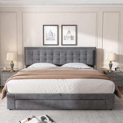 KOMHTOM Tweepersoonsbed 180x200 cm Bed met laden lattenbodem met grote opbergruimte velours stof grijs