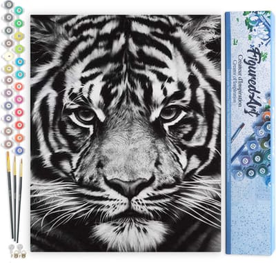 Figured'Art Schilderen op Nummer Volwassenen canvas Tijgerkop zwart-wit - Handwerk acrylverf Kit DIY Compleet - 40x50cm zonder frame