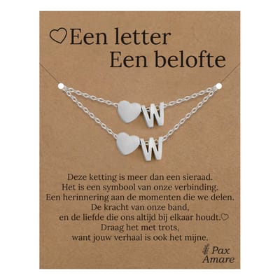 Letter W ketting + armband set op Cadeau Kaartje - Een letter, een belofte - Zilverkleurig Stainless Steel - Initiaal & Hartje Hanger - Pax Amare