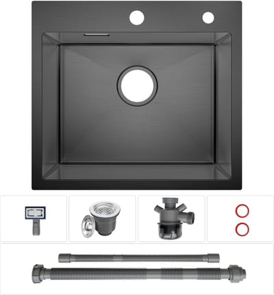 Cecipa max Spoelbak Keuken - Enkele Gootsteen RVS Nano Gecoat - Opbouw & Vlakbouw Wasbak - Zwart - Met Sifon - 50 x 45 cm