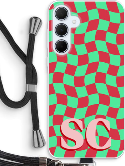 Gepersonaliseerd - Case Company® - Hoesje met koord geschikt voor Samsung Galaxy A35 hoesje met Koord - Grid Monogram - Telefoonhoesje met Zwart Koord - Bescherming aan alle Kanten en Over de Schermrand