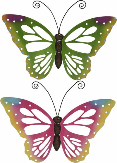 Tuindecoratie vlinders - 2x - metaal - groen en roze - 51 x 38 cm - wand/schutting