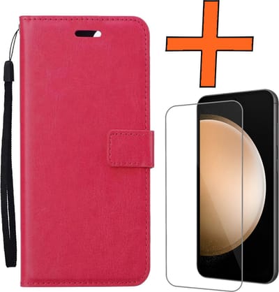 Hoes - Met Screenprotector - Geschikt voor Samsung Galaxy S23 FE - Luxe Pasjeshouder - Bookcase Portemonee - Flip Case - Kunstleer Book Case - Flipcase - Book Cover - Walletcase - PortemonneeHoes - Donkerroze