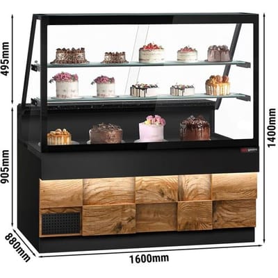 GGM Gastro Kühltheke TORONTO - 1600mm - Doppelverglasung - Holzfront - 2 Ablagen - schwarze Granit-Arbeitsplatte Zwart / Bruin