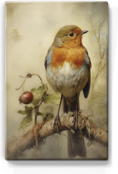 Roodborstje - Laqueprint - 19,5 x 30 cm - Niet van echt te onderscheiden handgelakt schilderijtje op hout - Mooier dan een print op canvas.