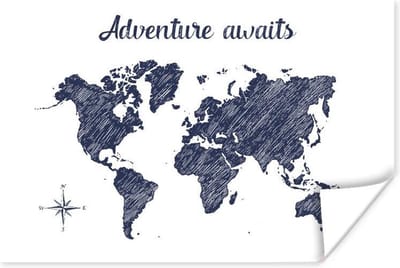 Poster 30x20 cm - Wereldkaart - Blauw - Quote - Posters - Kamer decoratie - Wanddecoratie woonkamer - Muurdecoratie slaapkamer