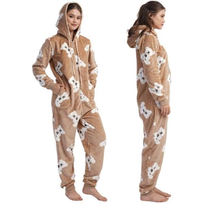 Combinaison à Capuche Pelucheuse Pyjama Femme M Ours Pour Cadeau Fermeture Éclair beige