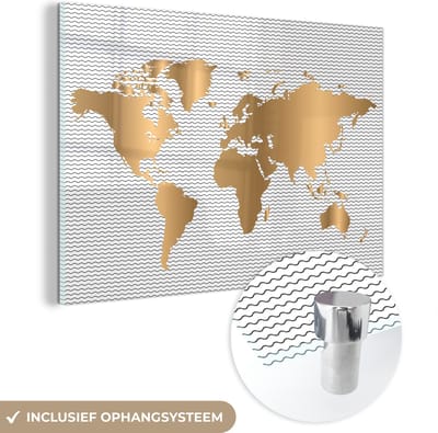 ® Glasschilderij 180x120 cm - Schilderij acrylglas - Wereldkaart - Goud - Patroon - Kinderen - Jongens - Meisjes - Foto op glas - Muurdecoratie woonkamer - Wanddecoratie slaapkamer - Schilderijen