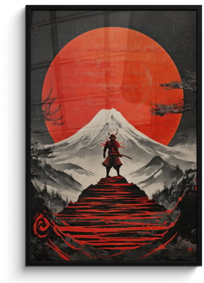 Poster in lijst - Fotolijst 80x120 cm - Posters - Krijger - Rode trappen - Zon - Berg - Posterlijst zwart - Decoratie - Wanddecoratie woonkamer - Muurdecoratie slaapkamer