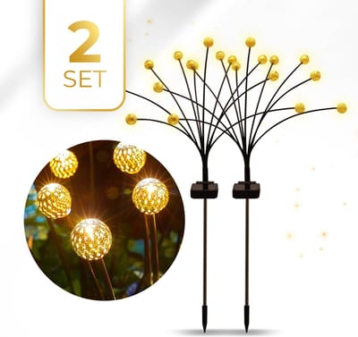 KENN® Solar Tuinverlichting – Set van 2 – Vuurvliegjes – 12+ Branduren – 100% Waterdicht – Tuinverlichting op Zonne-energie – Buitenlampen Solar – Tuinlampen – Sfeerverlichting Tuin – Goud – Met Grondspiezen - LED Buitenverlichting - Padverlichting