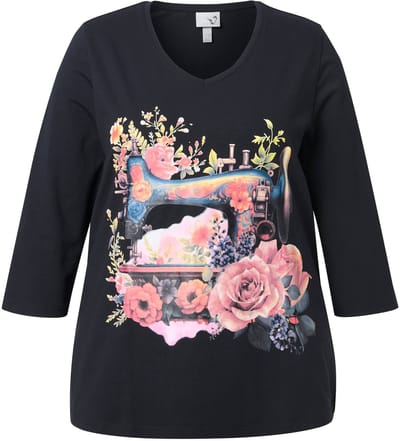 Ulla Popken - Dames - Shirt naaimachine Classic V-hals 3/4-mouwen - Zwart - Maat 50+