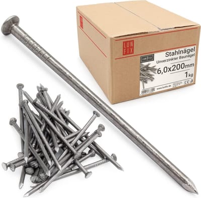 Stalen spijkers 6 x 200 mm - 1 kg | houten spijkers voor bouwwerkzaamheden | Onverzinkte baunnagels | Draadpennen met verzonken kop voor timmerwerk, DIY, en ambachten