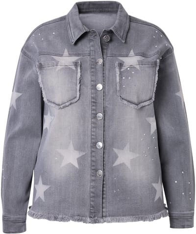 Angel of Style - Dames - Denim jas sterren glittersteentjes - Grijs denim - Maat 48