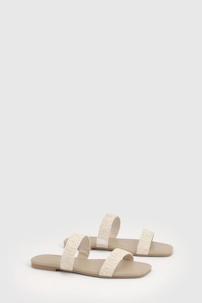 boohoo Dames Gehaakte Slippers Met Dubbele Bandjes | Cream | Maat: 3