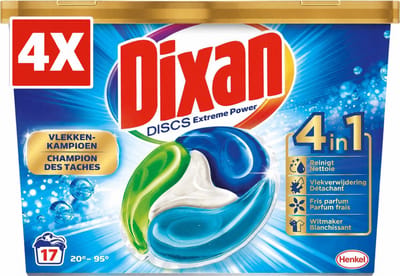 4 x Dixan Discs - Wasmiddelcapsules en Vlekverwijderaar - Extreme Power - Witte, Gekleurde & Zwarte Was - 17 Wasbeurten
