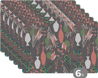 Placemat - Placemats kunststof - Boeket - Bloemen - Patronen - 45x30 cm - 6 stuks - Hittebestendig - Anti-Slip - Onderlegger - Afneembaar