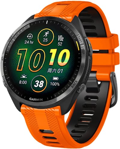 Stravo 22mm Siliconen Horlogebandje Bandje voor Garmin Forerunner 970 / Forerunner 965 (solar) / Forerunner 955 (solar) / Forerunner 945 / Forerunner 935 / Descent G1 / Descent G2 / Fenix 6 – Inclusief montage- en demontagetool - Oranje / zwart
