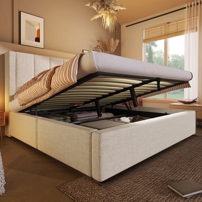 MODFU Gestoffeerd Bed - Verborgen Bekerhouders En Oplaadstation - Met Opbergruimte - Beige - 180 X 200 Cm