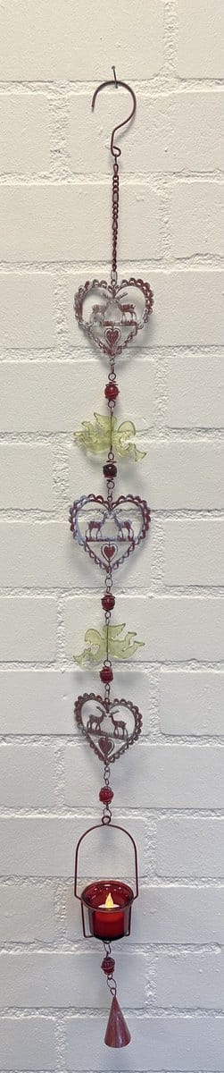 Deco theelichthouder "Kerst" met metalen ketting - Hart met rendieren + Engel - rood koper kleurig - lengte 105 cm - exclusief theelicht - Woondecoratie - Theelichthouder - Feestversiering - Kerst