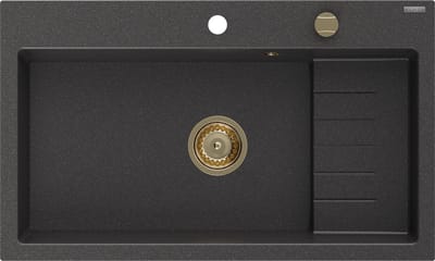 Mexen Omar granieten gootsteen met 1 bak 800 x 480 , zwart gespikkeld, gouden sifon - 6520801005-76-G