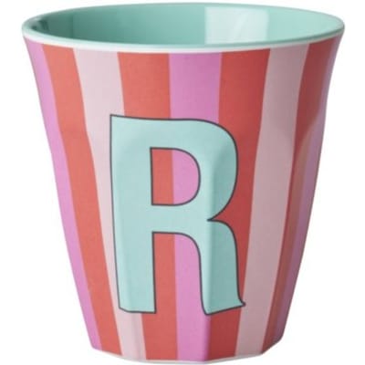 Rice melamine beker medium gestreept letter r, roze