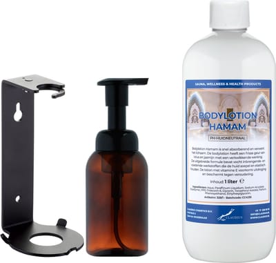 Zeepdispenser 300 ml amber bruin hervulbaar + 1 liter Bodylotion Hamam navulling (inclusief beugel)