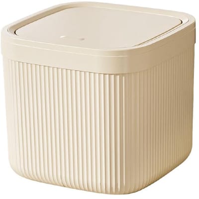 Bureauprullenbak - Prullenbak - Mini prullenbak - Kleine prullenbak met klepdeksel - Vierkante prullenbak met strepen - Deksel om te openen door te drukken - Geschikt voor bureaus, werkbanken, gootstenen, enz. - Beige