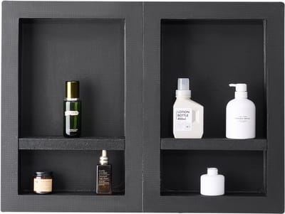 Douchehoek, 40,6 X 61 Cm + 40,6 X 61 Cm Muurnis met Verstelbaar Planchet, 10,2 Cm Dik Modern Opbergsysteem voor Zeep En Shampoo, Zwart voor Badkamerdouche