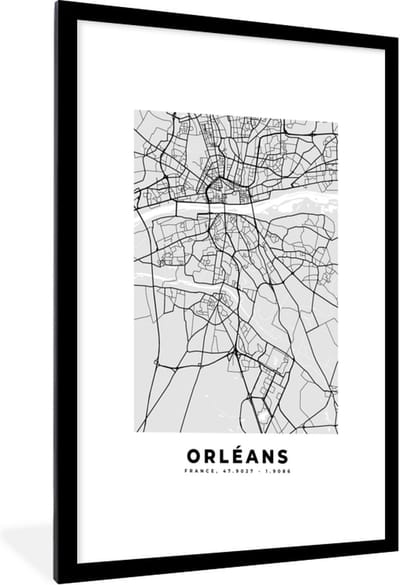Fotolijst incl. Poster - Kaart - Stadskaart - Frankrijk - Orléans - Plattegrond - 60x90 cm - Posterlijst