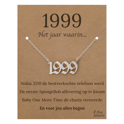 Jaartal 1999 Ketting op Cadeau Kaartje - Zilverkleurig Stainless Steel - 45cm - Met informatie over geboortejaar - Pax Amare