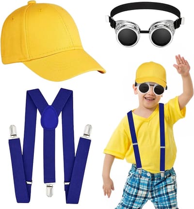 Carnaval Kostuum Set met Gebreide Multi-Kleurige Hoed, Steampunk Veiligheidsbril en Braces voor Feestelijke Cosplay en Carnaval Accessoires