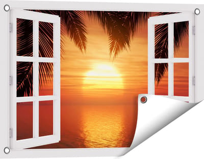 Gards Tuinposter Doorkijk Zonsondergang op het Strand met Palmbomen - 60x40 cm - Tuindoek - Tuindecoratie - Wanddecoratie buiten - Tuinschilderij