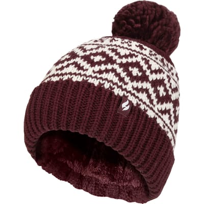 Dames Geprinte Omgeslagen Bobble Muts | Heat Holders | Chunky Kabelbrei met Heatweaver Fleece Voering | Billingen Stijl - Wijn