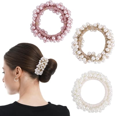 Set van 3 Elegante Parels Haarbanden - Beaded Ponytail Houders met Zachte Grip voor Vrouwen en Tieners - Haaraccessoires voor Dagelijks Gebruik en Speciale Gelegenheden