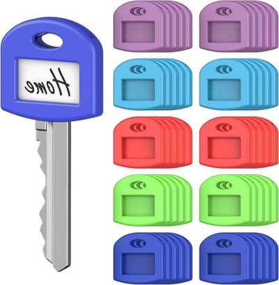 Set van 50 Sleutelhulsjes van 2.5 cm met Labels, Zachte Rekbare Sleutelhoesjes in 5 Kleuren voor Standaardsleutels, Sleutelbescherming en Identificatie