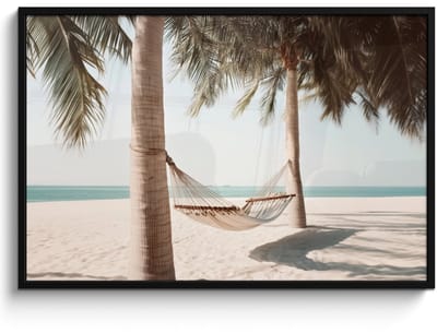Poster in lijst - Fotolijst 120x80 cm - Posters - Hangmat - Palmbomen - Strand - Zee - Posterlijst zwart - Decoratie - Wanddecoratie woonkamer - Muurdecoratie slaapkamer
